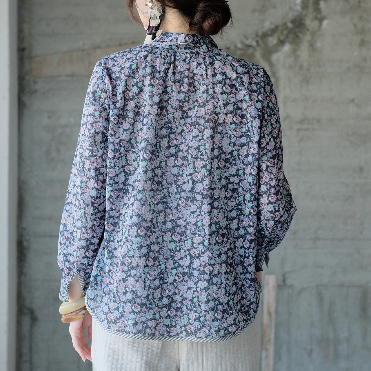【再販】レトロな春の小花柄♡フローラルボタンダウンシャツ（25s-10）ブルー