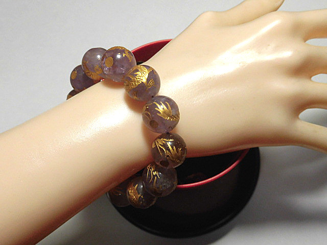 天然石 アメジスト青龍15.2～16.0mm玉ブレスレット 内周18.2cm 　　250720101