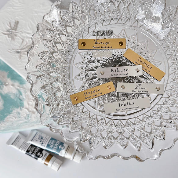 【ゴールド アートタグ】ファーストアート　ファーストアートタグ　1歳誕生日の記念品に ̖́- 金属調のお名前プレート　 9枚目の画像