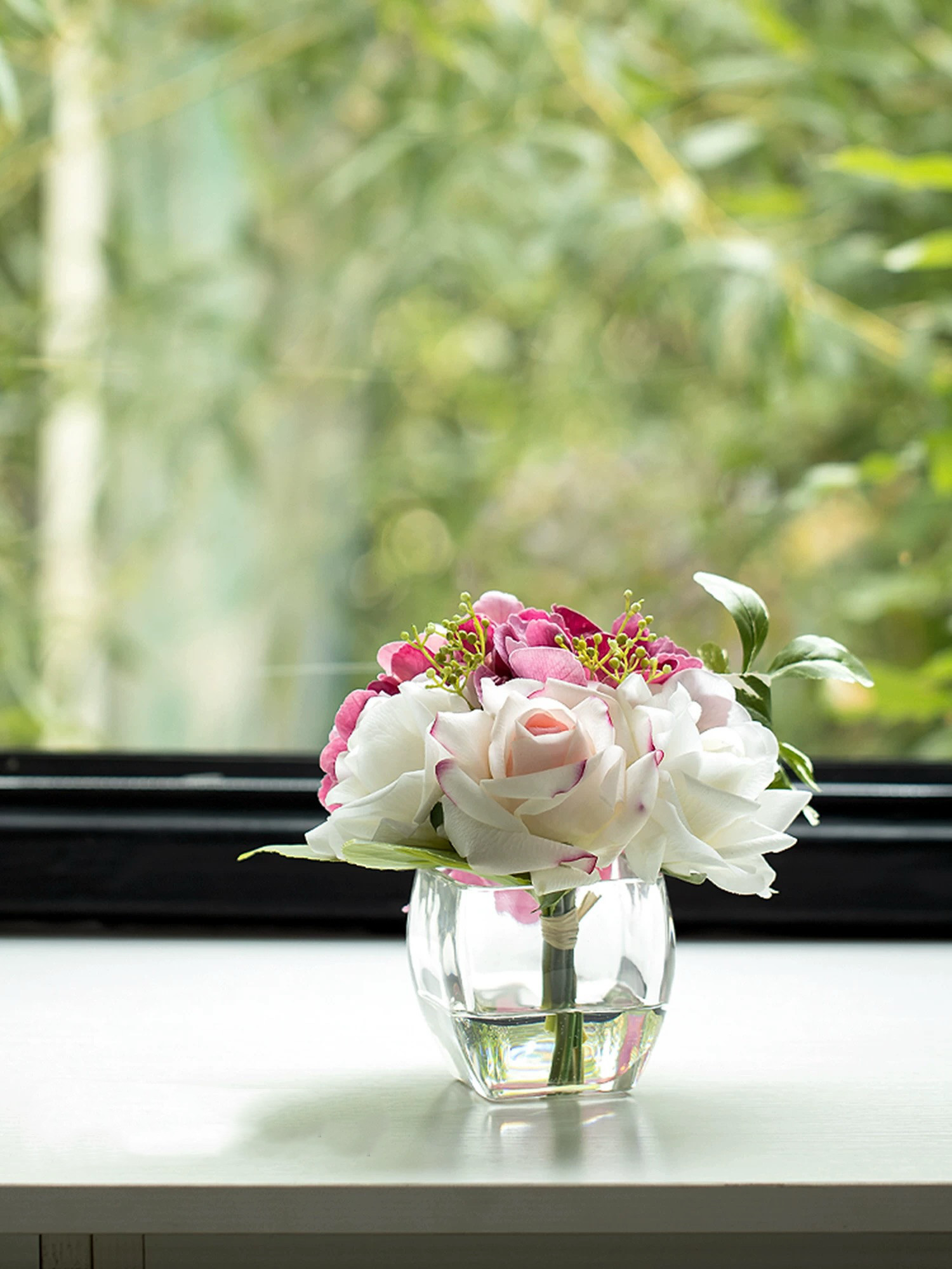 プレミアム リアルタッチ 保湿ローズ＆アジサイ フェイクウォーターアレンジメント（4色展開）