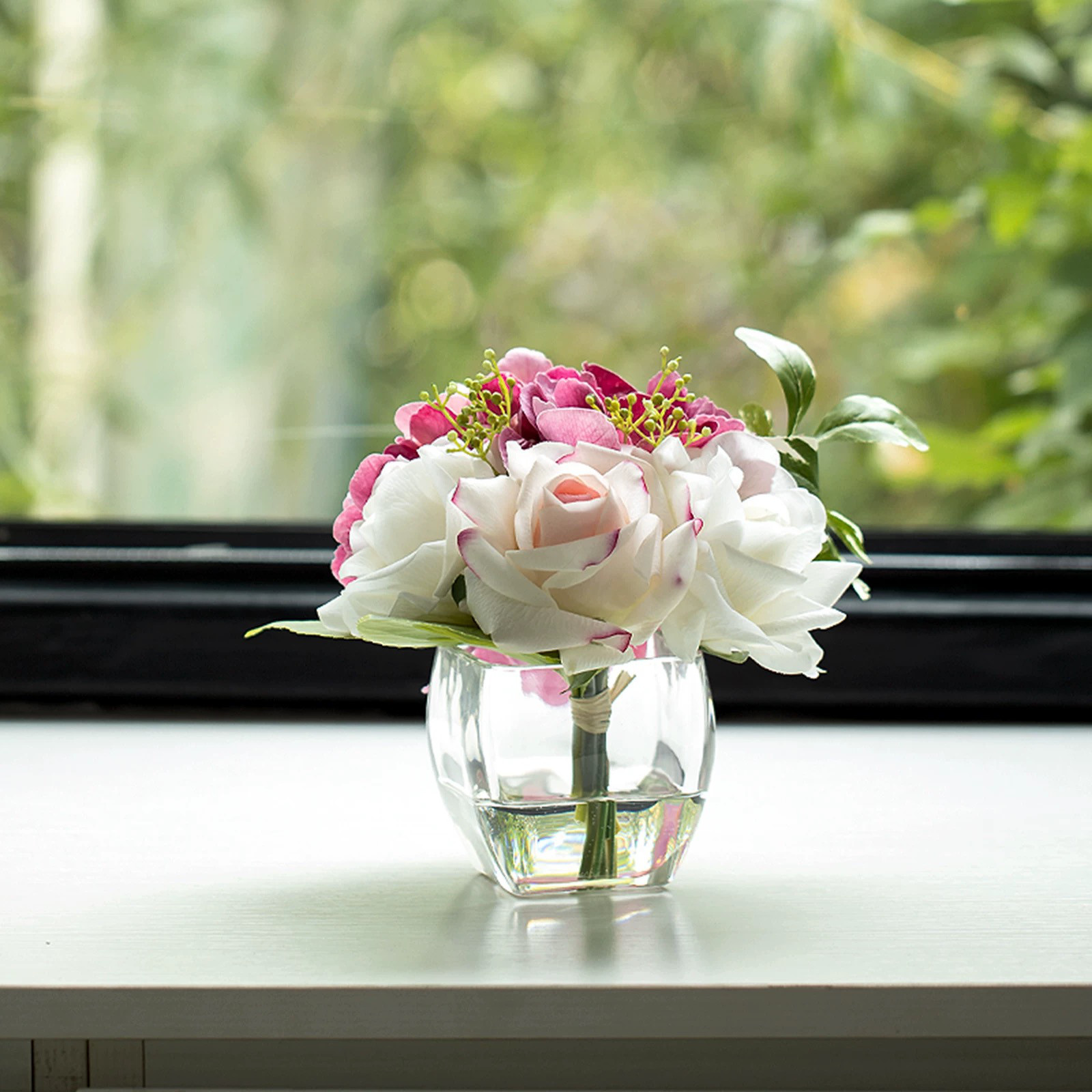 プレミアム リアルタッチ 保湿ローズ＆アジサイ フェイクウォーターアレンジメント（4色展開）