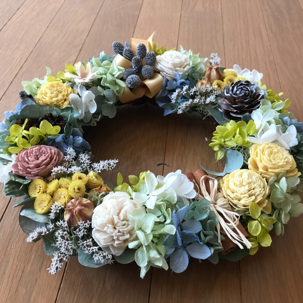 《母の日フラワーギフト＊予約承ります》プリザーブドアジサイの優しいパステルリース28cm（再販×3＊受注制作）