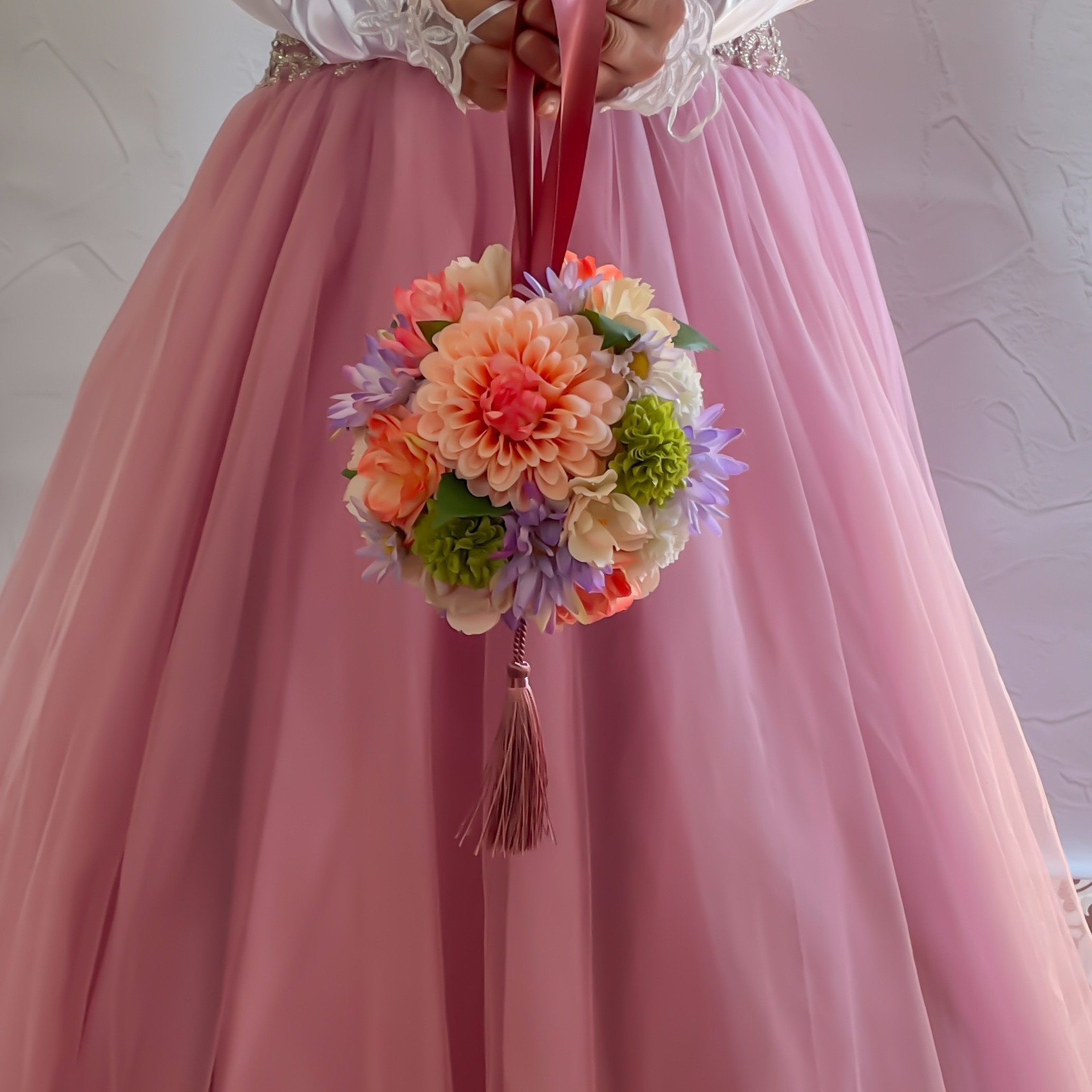 【桜とダリアのボールブーケ】和装　洋装どちらにも似合うウェディングボールブーケ