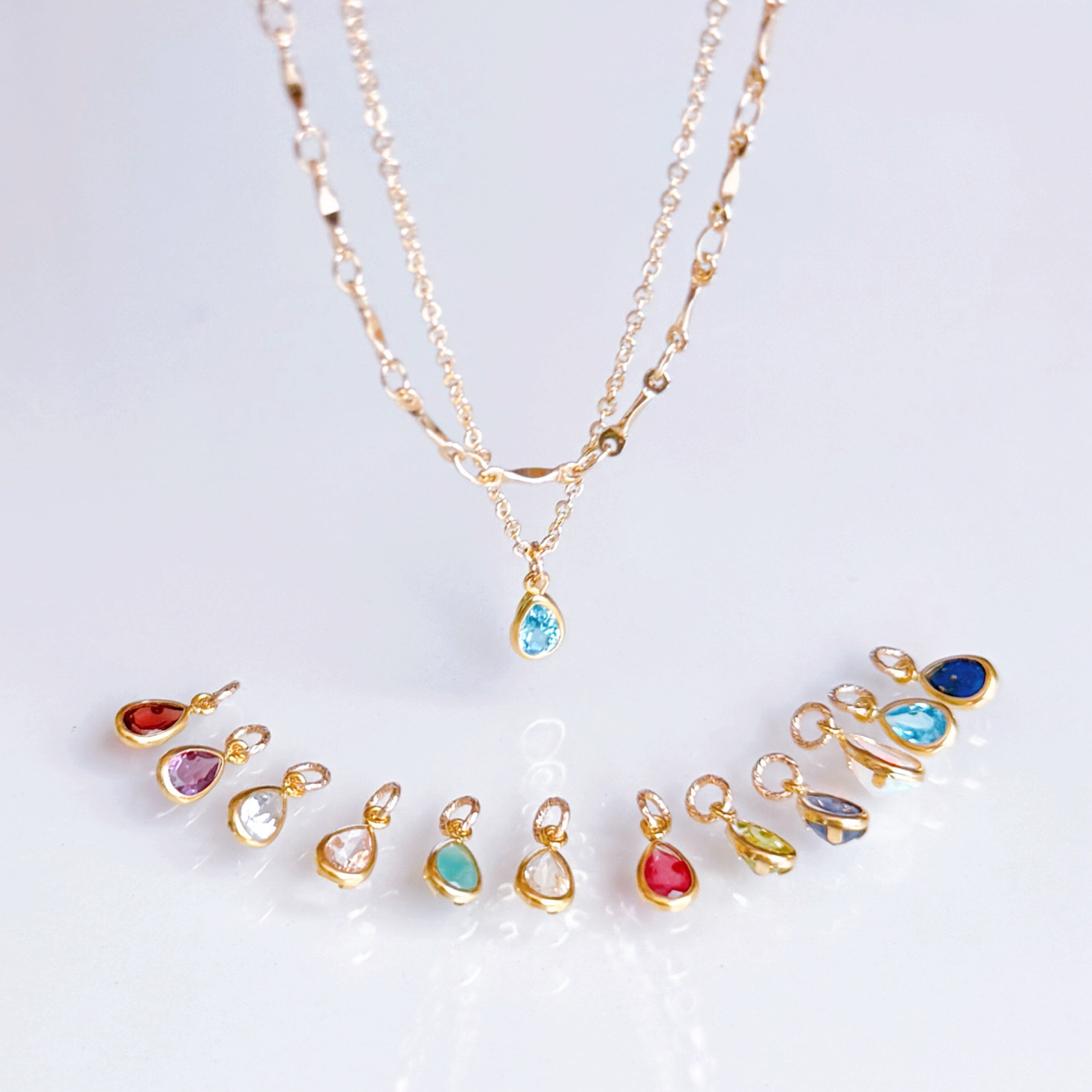 【選べる誕生石】2本セット 天然石のしずく 14kgf ネックレス 誕生日 ギフト 金属アレルギー　重ねづけ