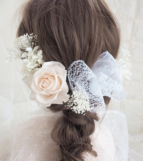 ♡シャンパンホワイトの開花薔薇＆リボン♡ヘッドドレス＊ウエディング＊前撮り＊和婚＊ヘアアクセサリー 4,239円