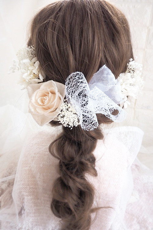 ♡ラメ入りシャンパンホワイトの開花薔薇＆リボン♡ヘッドドレス＊ウエディング＊前撮り＊和婚＊ヘアアクセサリー