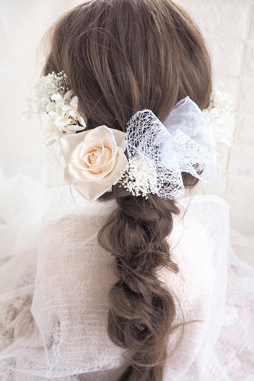 ♡ラメ入りシャンパンホワイトの開花薔薇＆リボン♡ヘッドドレス＊ウエディング＊前撮り＊和婚＊ヘアアクセサリー