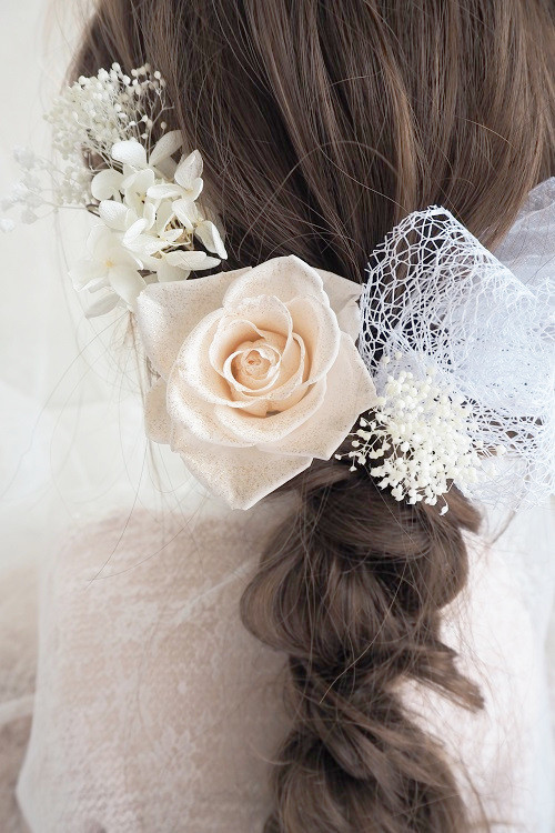 ♡ラメ入りシャンパンホワイトの開花薔薇＆リボン♡ヘッドドレス＊ウエディング＊前撮り＊和婚＊ヘアアクセサリー