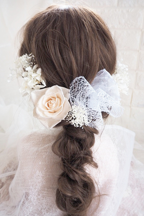 ♡ラメ入りシャンパンホワイトの開花薔薇＆リボン♡ヘッドドレス＊ウエディング＊前撮り＊和婚＊ヘアアクセサリー