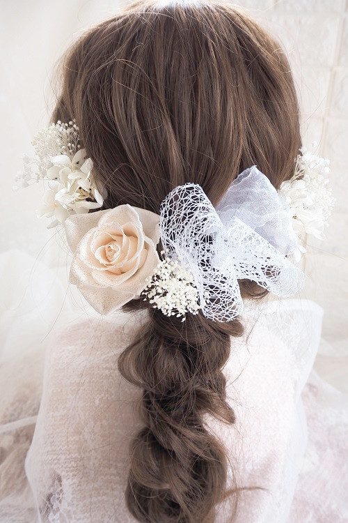 ♡ラメ入りシャンパンホワイトの開花薔薇＆リボン♡ヘッドドレス＊ウエディング＊前撮り＊和婚＊ヘアアクセサリー