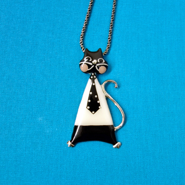 お多福ネコのネックレス《デッドストック》フランス製　1点もの　手書きペイント