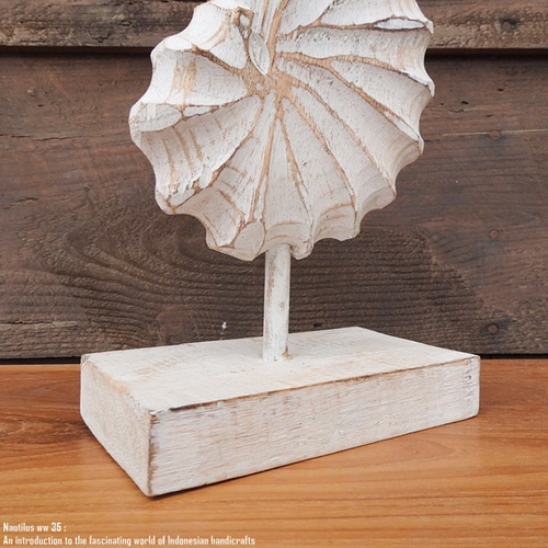 木製オブジェ オウムガイ 35cm 貝 ホワイトウォッシュ 木彫りのアート
