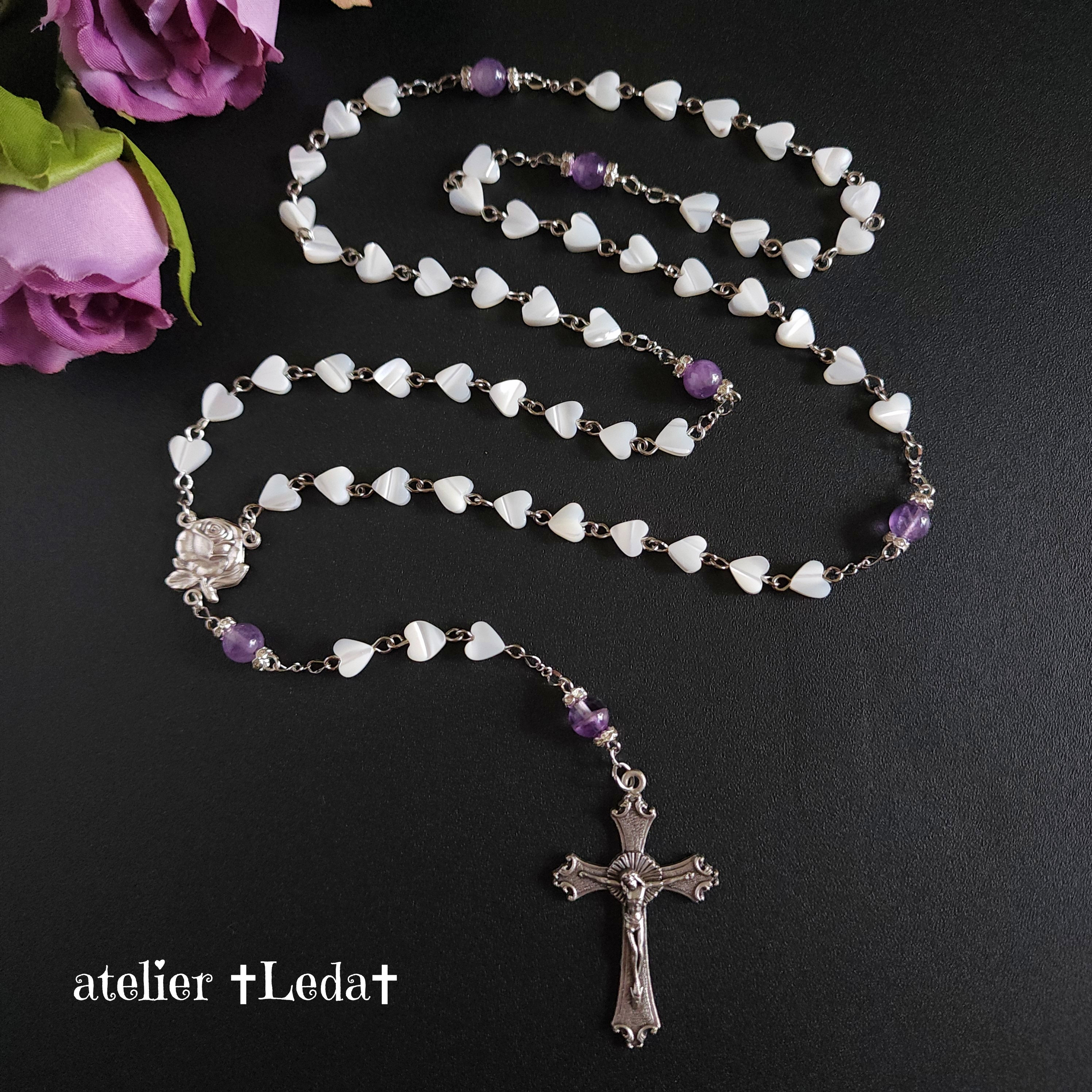 ☆ハート型マザーオブパール＆ラベンダーアメジスト ロザリオ☆ ~Mother of Pearl~