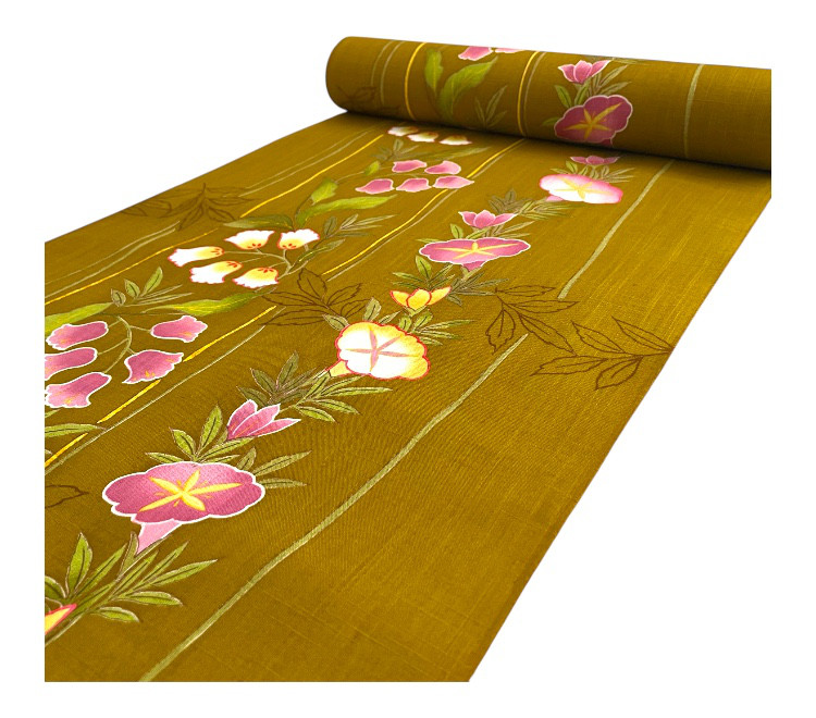 処分価格！浴衣地　片面染　反物　ATELER SAB  金茶　朝顔