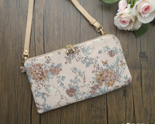 ハンドメイド　リバティ　セリーヌ　スチールピンク　ウォールナッツ　横長ショルダー ハンドメイド リバティ セリーヌ スチールピンク 横長ショルダー