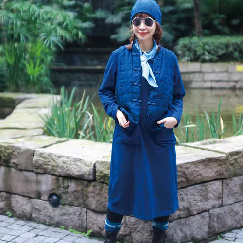 ファッション 通販 藍染めの草木染古法青染オリジナルデザインレディース服レトロ ジャケット・アウター