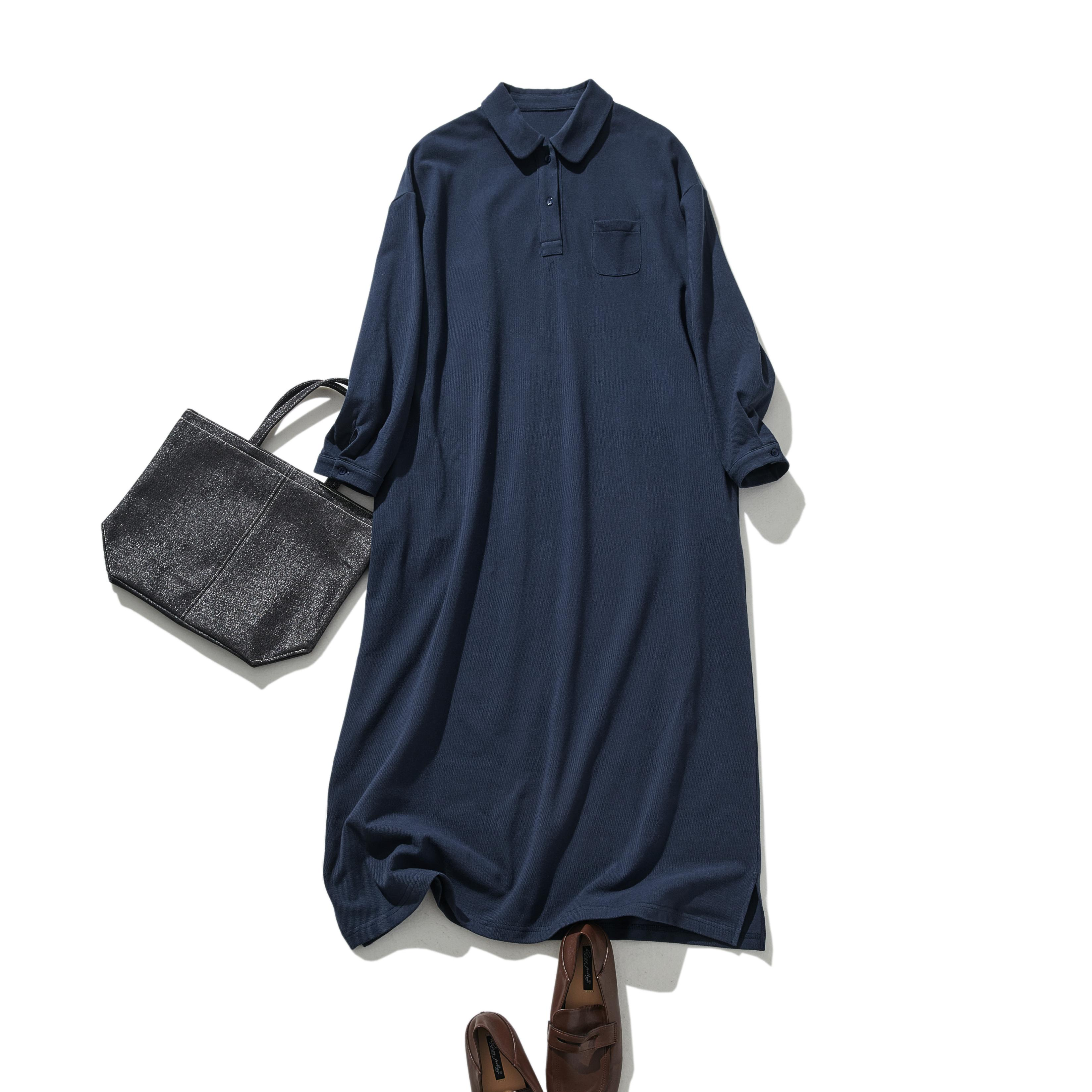 春と夏にぴったり！ ラフで動きやすいポロカラーワンピース　紺色　250303-3