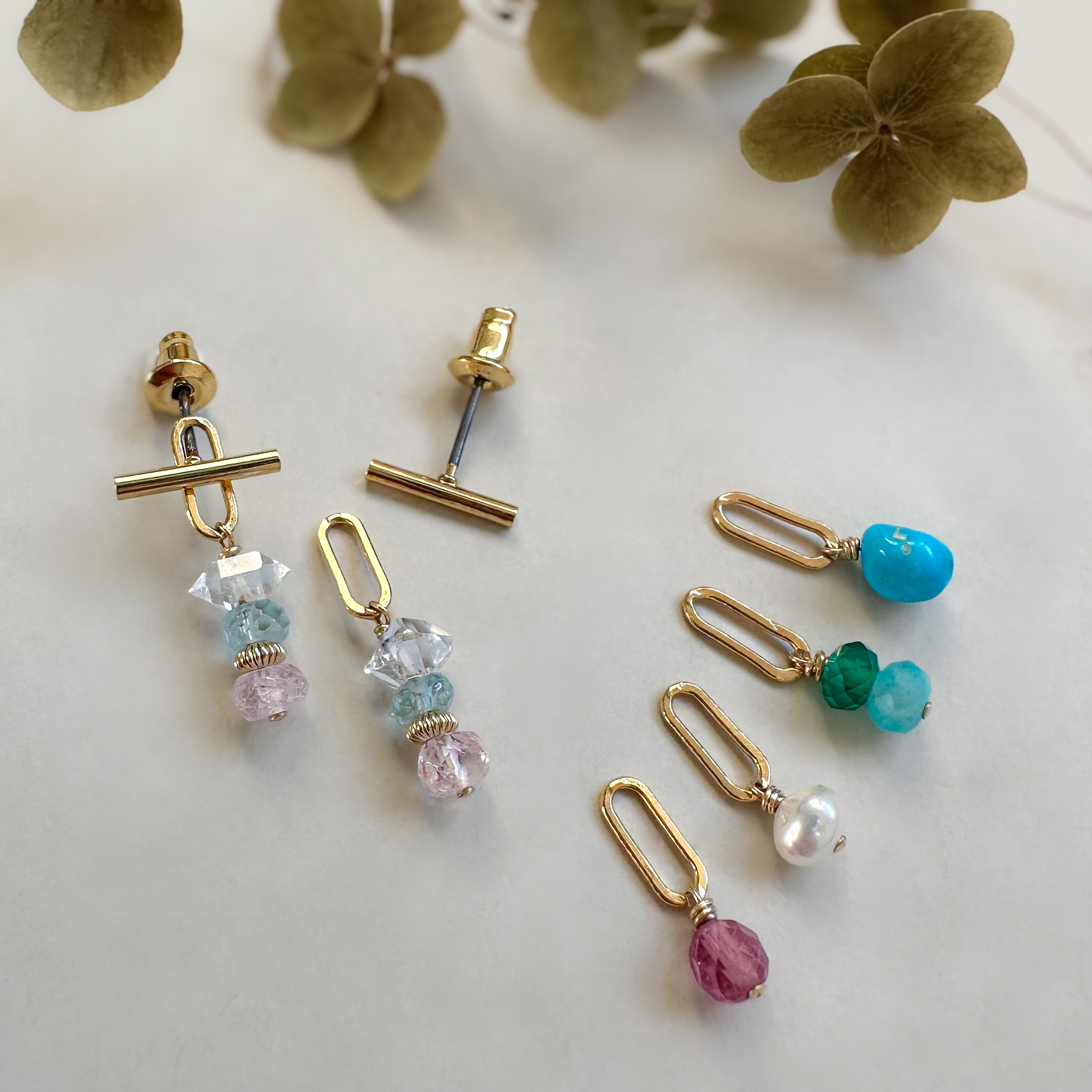 【福袋】天然石チャームが２種類選べるスティックピアス  4way 金具変更可  14KGF・ステンレス