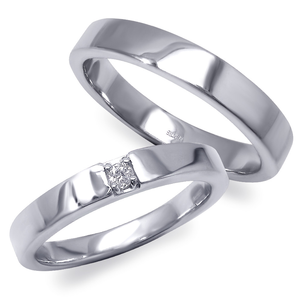 シルバー９２５ 天然 ダイヤモンド付き シンプル 平打ち ペアリング 美輪宝石