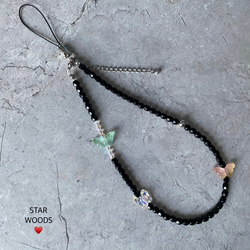 蝶々×蝶形クリスタルのハンドストラップ/スマホストラップ/ビーズ