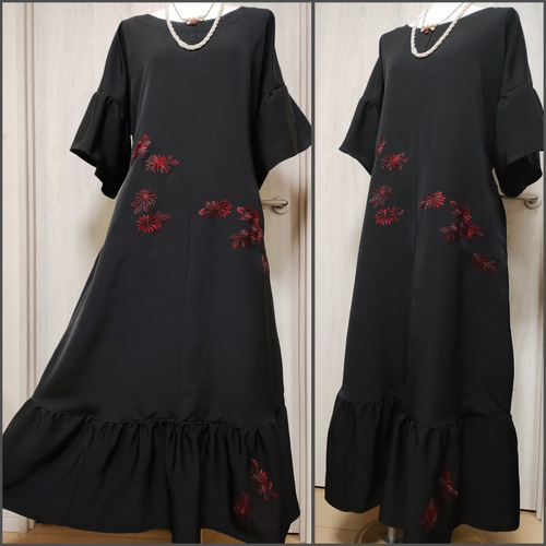 日本刺繍のワンピース グラデーションの花 着物リメイクドレス