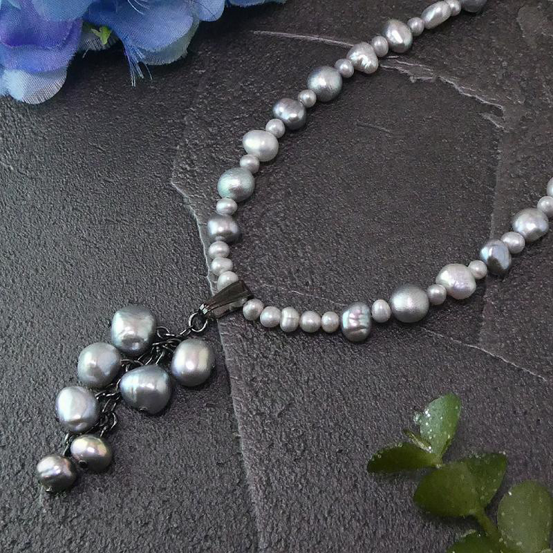 淡水パール　トップ付きネックレス「プラチナ」　グレー淡水パール　しゃらしゃらトップ付き　春色新作2025
