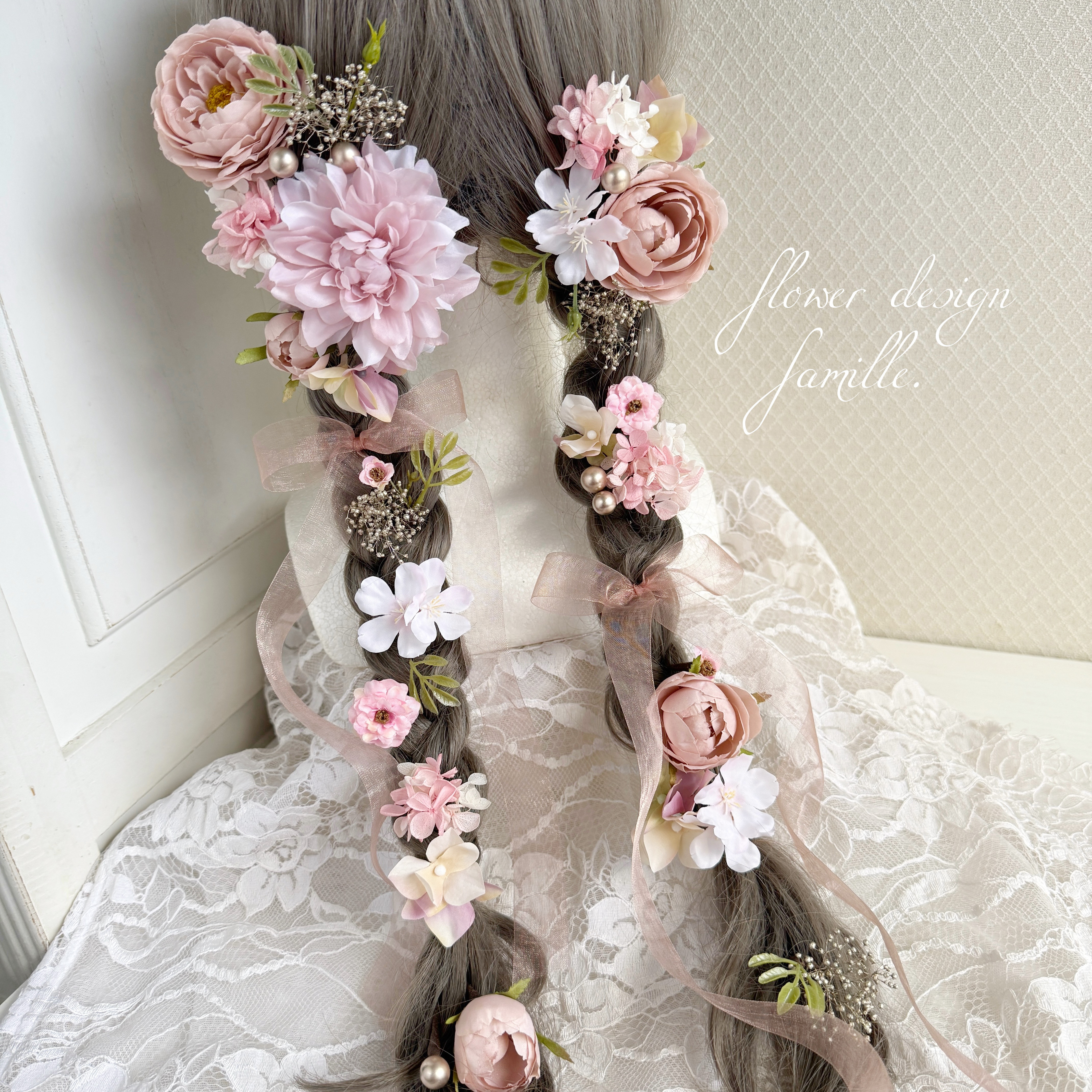 【L】 ふわり花飾り ✧ ダリア × カップローズ × 桜 髪飾り ｜ ピンク パール リボン 成人式 卒業式 葉