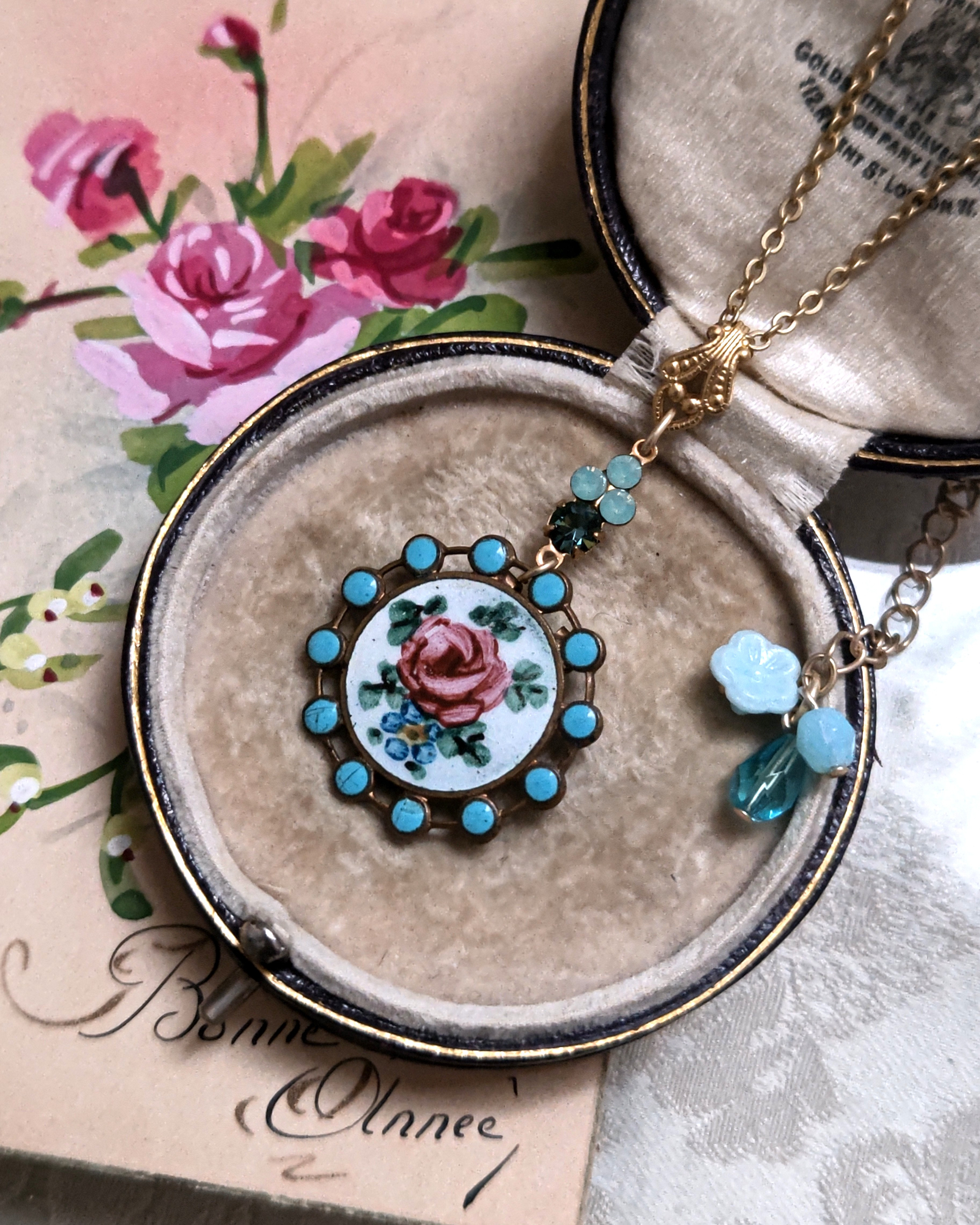 1920年代　フランスアンティーク　エナメル　エマイユ　ローズ　ペンダントA