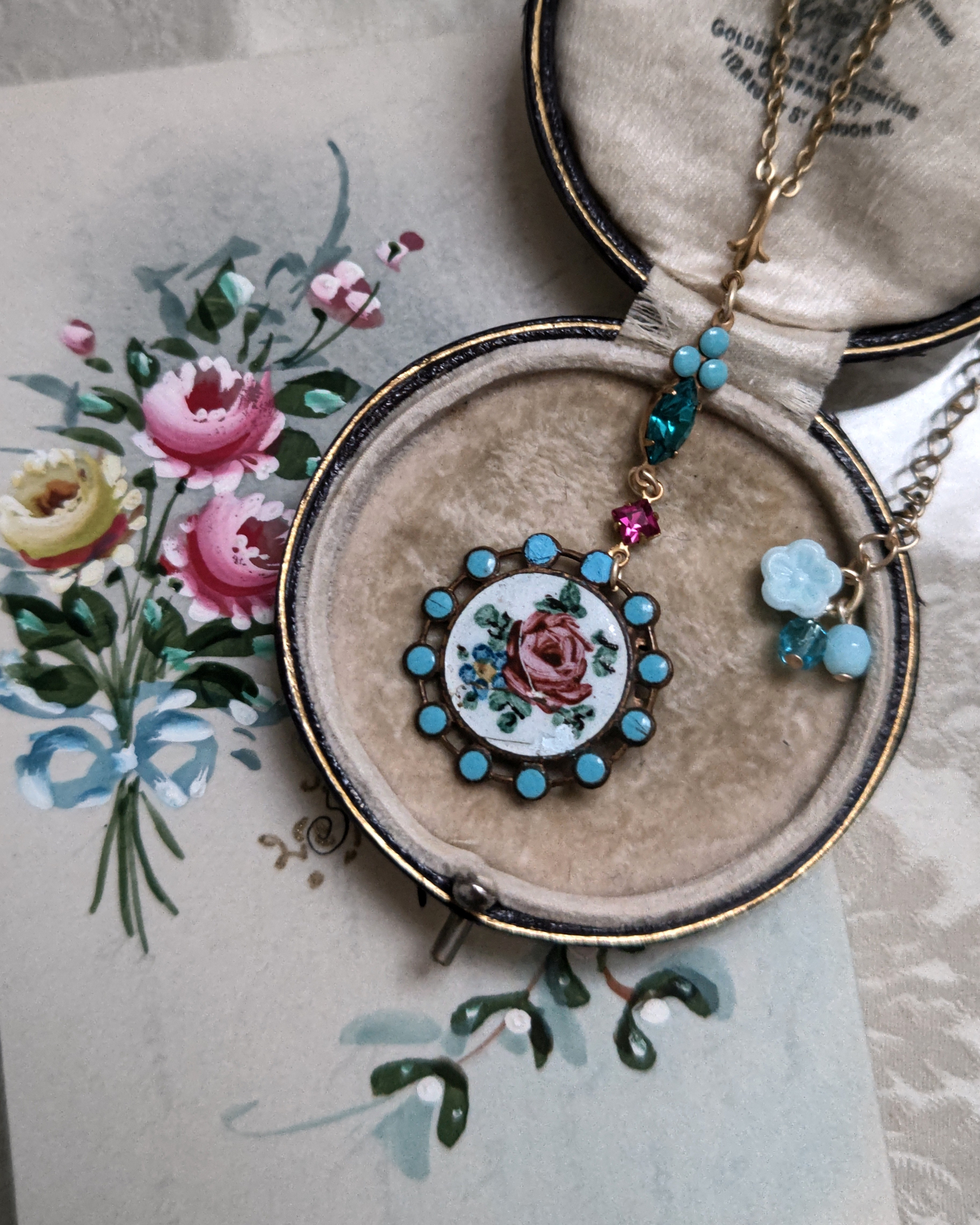 1920年代　フランスアンティーク　エナメル　エマイユ　ローズ　ペンダントB