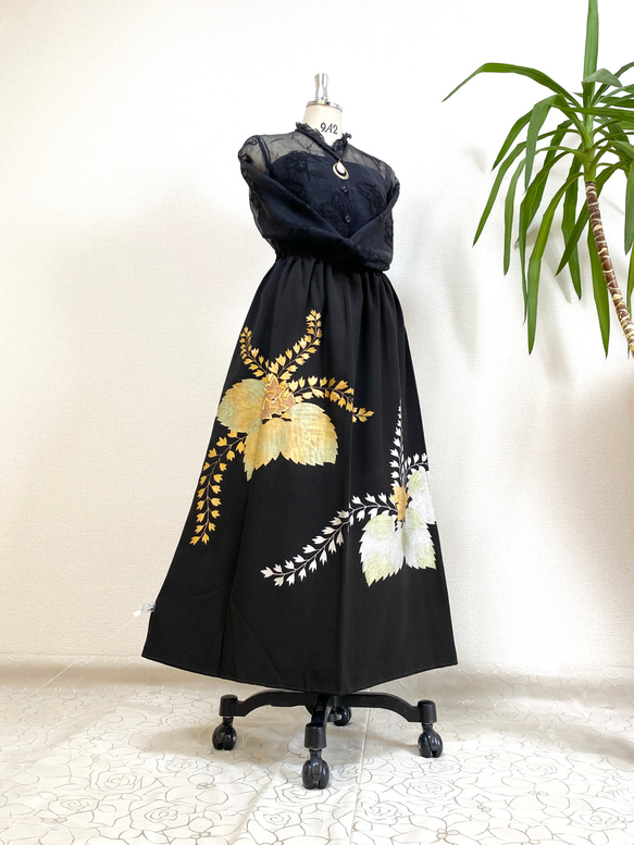 大人可愛いセレブ着物スカートフリーサイズ黒留袖着物リメイクロングスカート6251 大人可愛いセレブ着物スカートフリーサイズ黒留袖着物リメイクウエスト