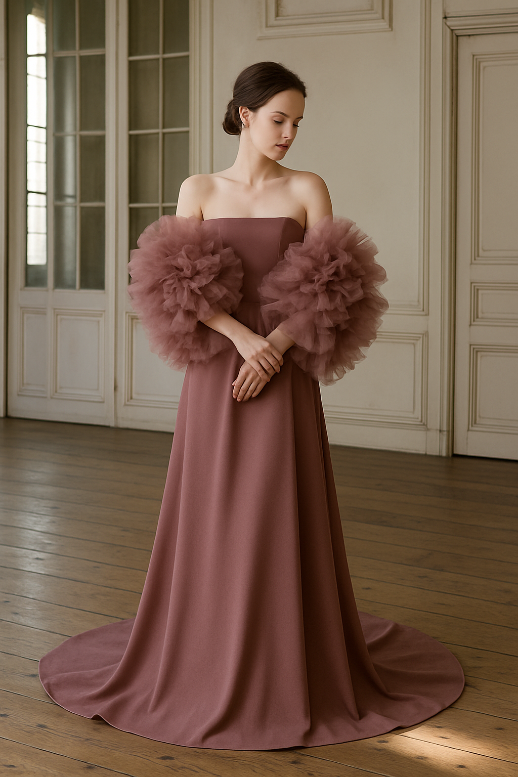 2waysローズピンクカラードレス　クレープ シンプルなスレンダードレス  ボリューミーなチュールストール