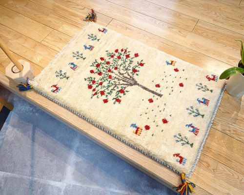 ペルシャ ギャッベ 玄関マット ラグ 87x55cm ベージュ ザクロの