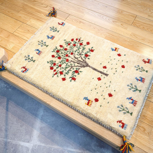 ペルシャ ギャッベ 玄関マット ラグ 87x55cm ベージュ ザクロの