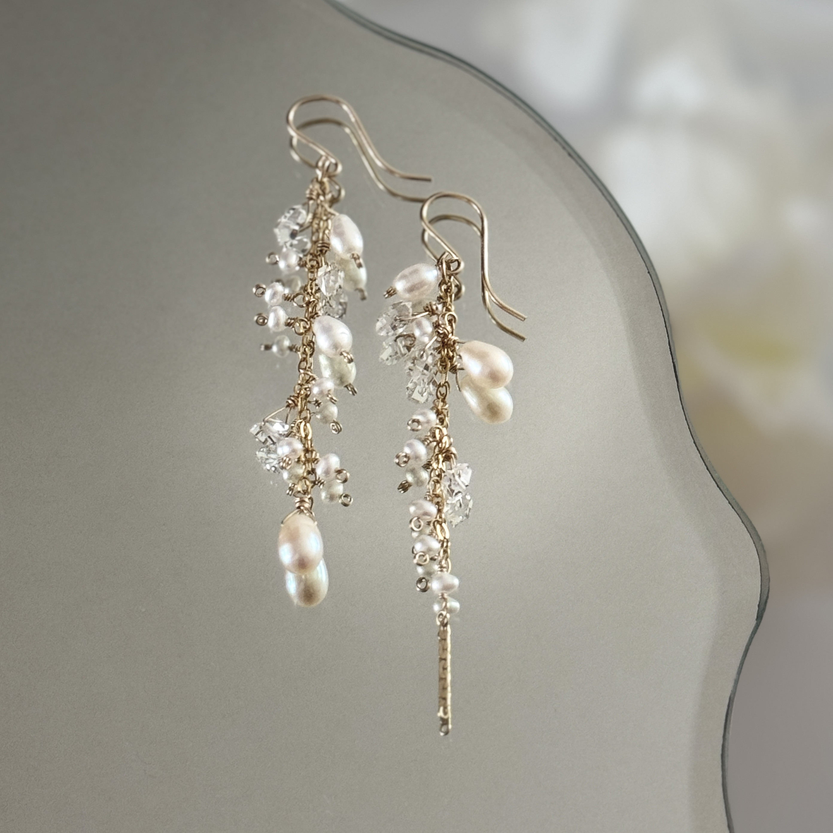 淡水パールとハーキマーダイヤモンドのピアス／イヤリング│14kgf