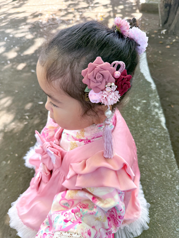 七五三 髪飾り バラ コサージュリボン つまみ細工 3歳 7歳 12枚目の画像