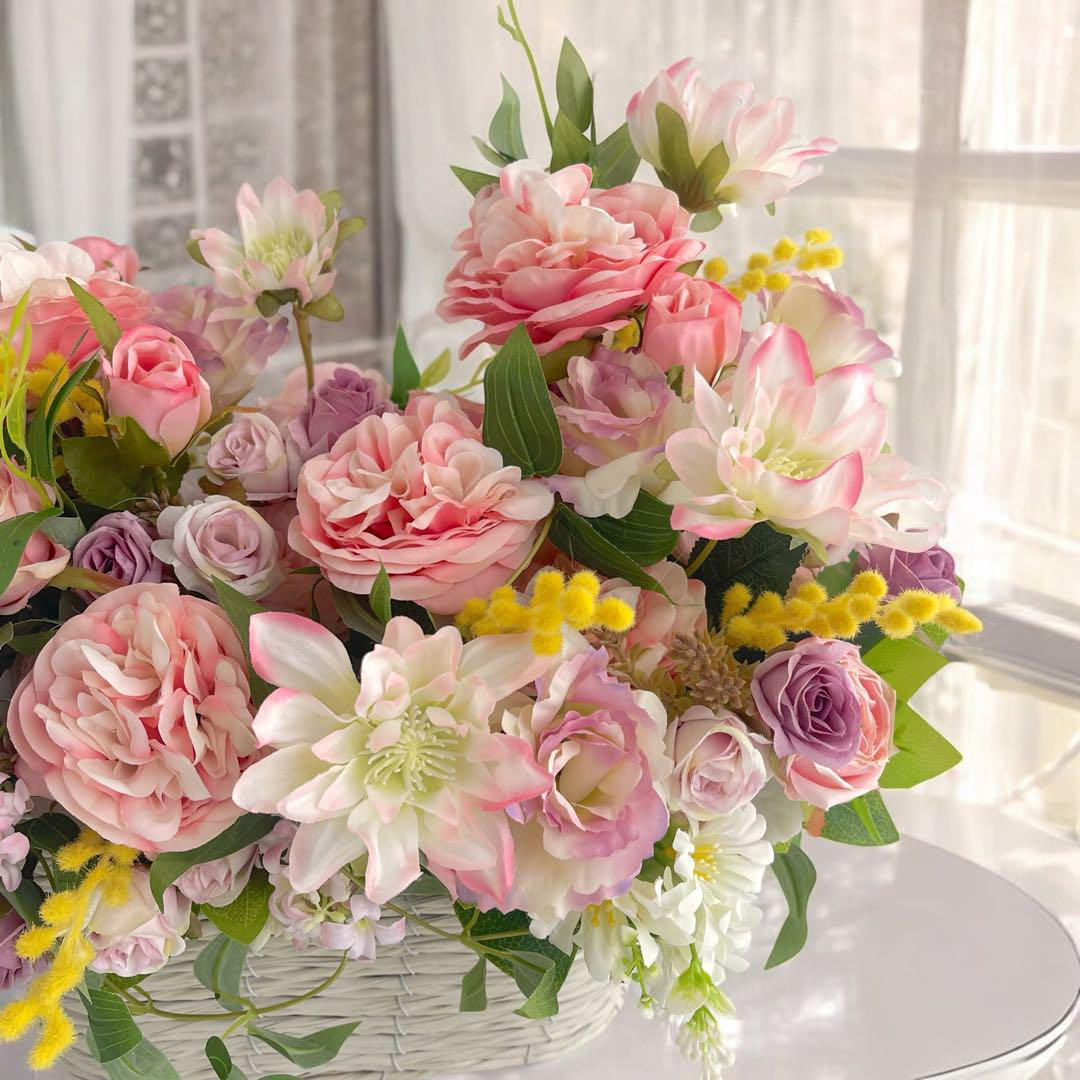 華やかローズとミモザのフラワーアレンジメント 母の日・誕生日・記念日ギフト アーティフィシャルフラワー 無料ラッピング付