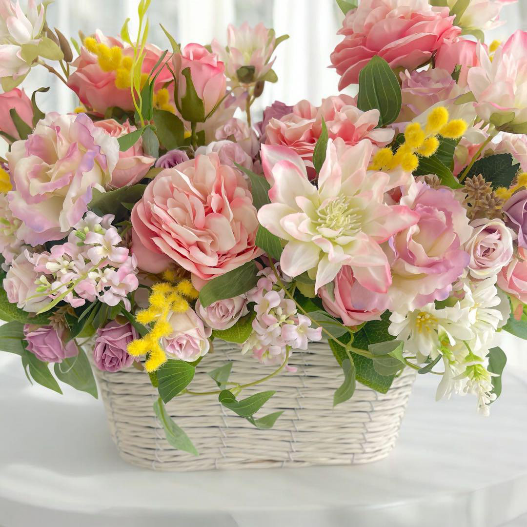 華やかローズとミモザのフラワーアレンジメント 母の日・誕生日・記念日ギフト アーティフィシャルフラワー 無料ラッピング付