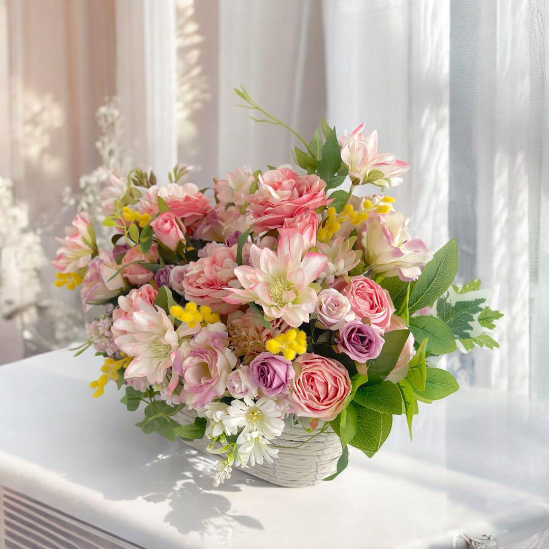 華やかローズとミモザのフラワーアレンジメント 母の日・誕生日・記念日ギフト アーティフィシャルフラワー 無料ラッピング付