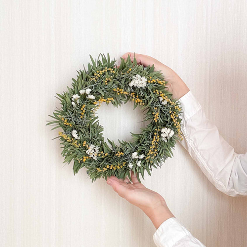 ミモザとグリーンのナチュラルリース 28cmLサイズ | ドライフラワー