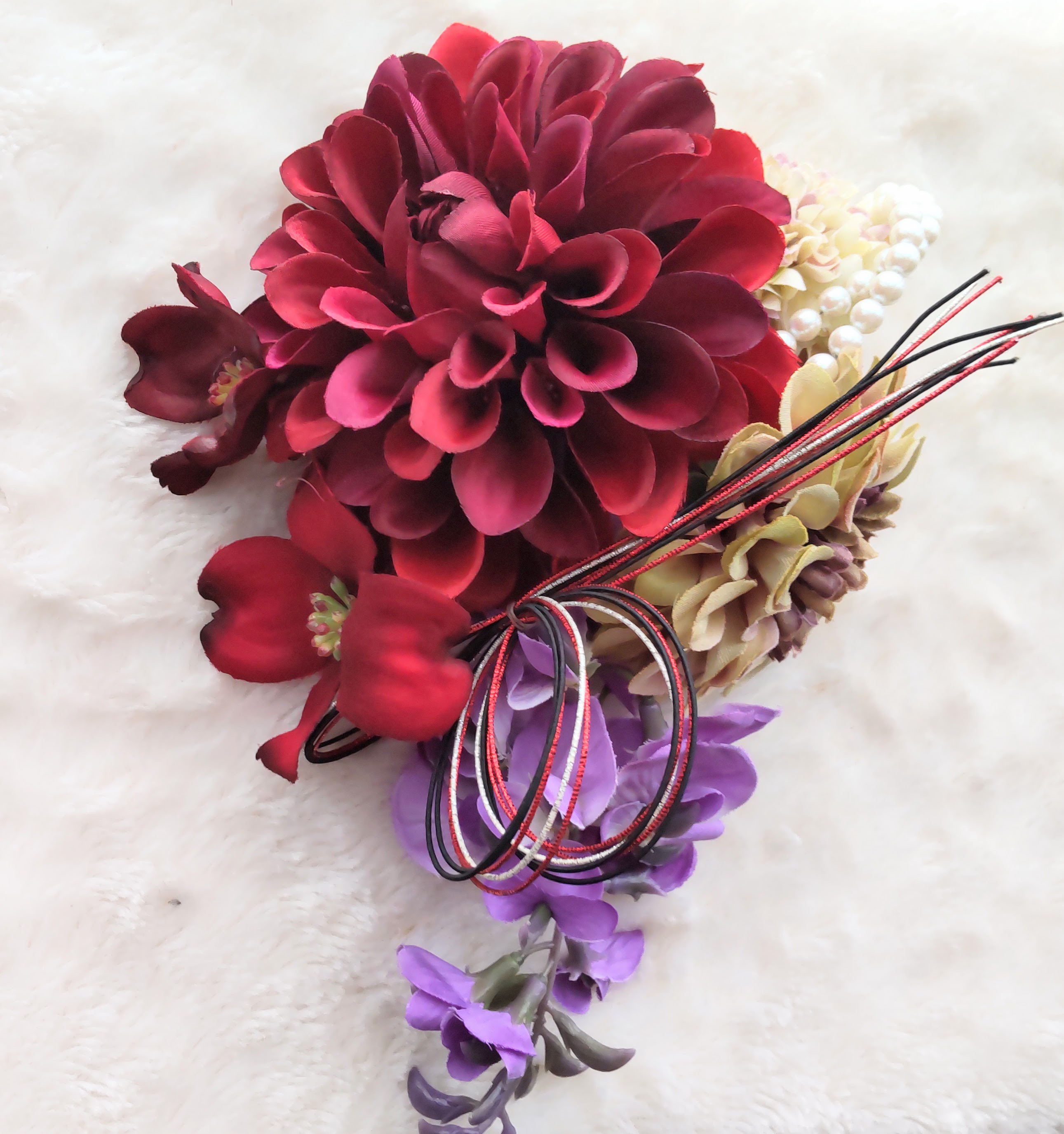 造花髪飾り　藤　ダリア　ジニア　ワインハナミズキ