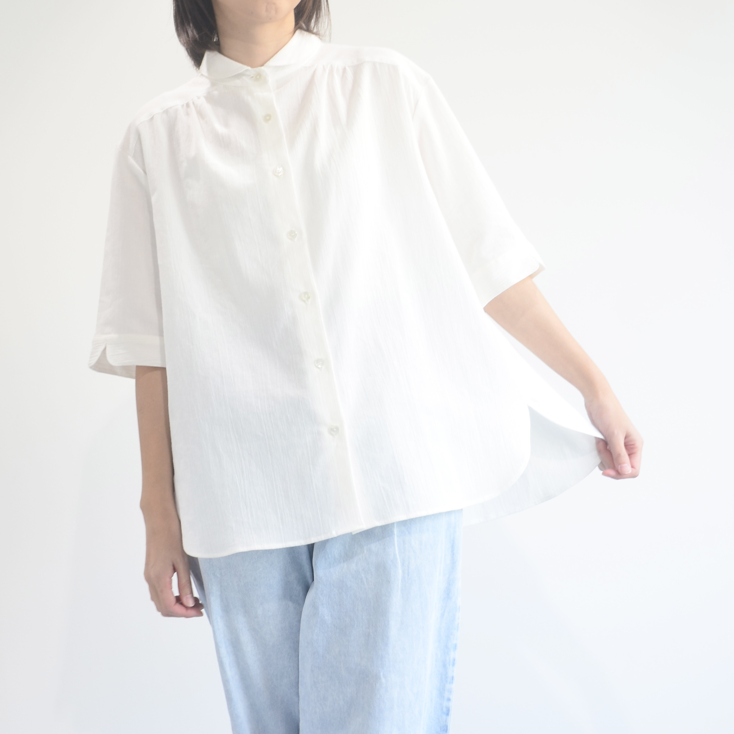 【高島ちぢみ】ラウンドカラーブラウス<<White>>