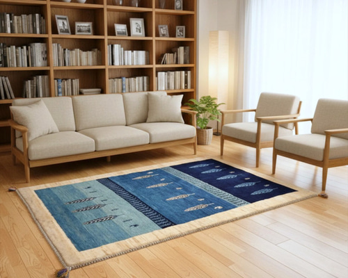 ペルシャ ギャッベ リビング ラグ 183x123㎝ 糸杉 紺色 青色 水色