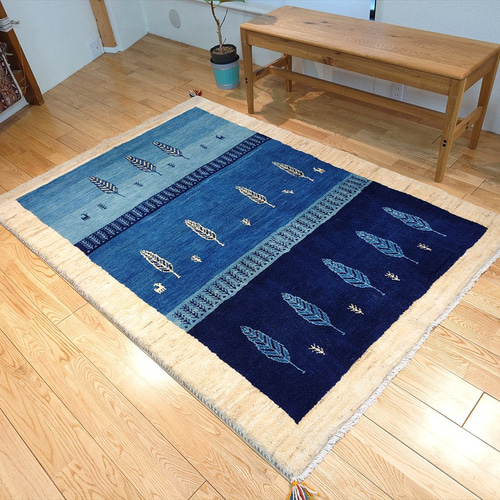 ペルシャ ギャッベ リビング ラグ 183x123㎝ 糸杉 紺色 青色 水色