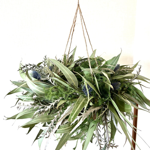 ユーカリとラグラスのフライングリース ドライフラワー リース