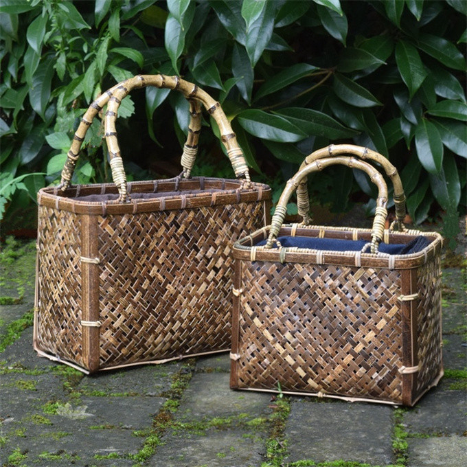 紫竹 虎斑竹 ハンドメイド 竹 籠 工芸品 手編み かごバッグ バンブーバスケット  巾着 手作り 篭 SGYP021