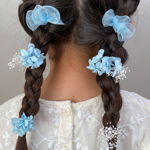 七五三 青 ブルー 水色 ドライフラワー ヘアアクセサリー かすみ草 髪