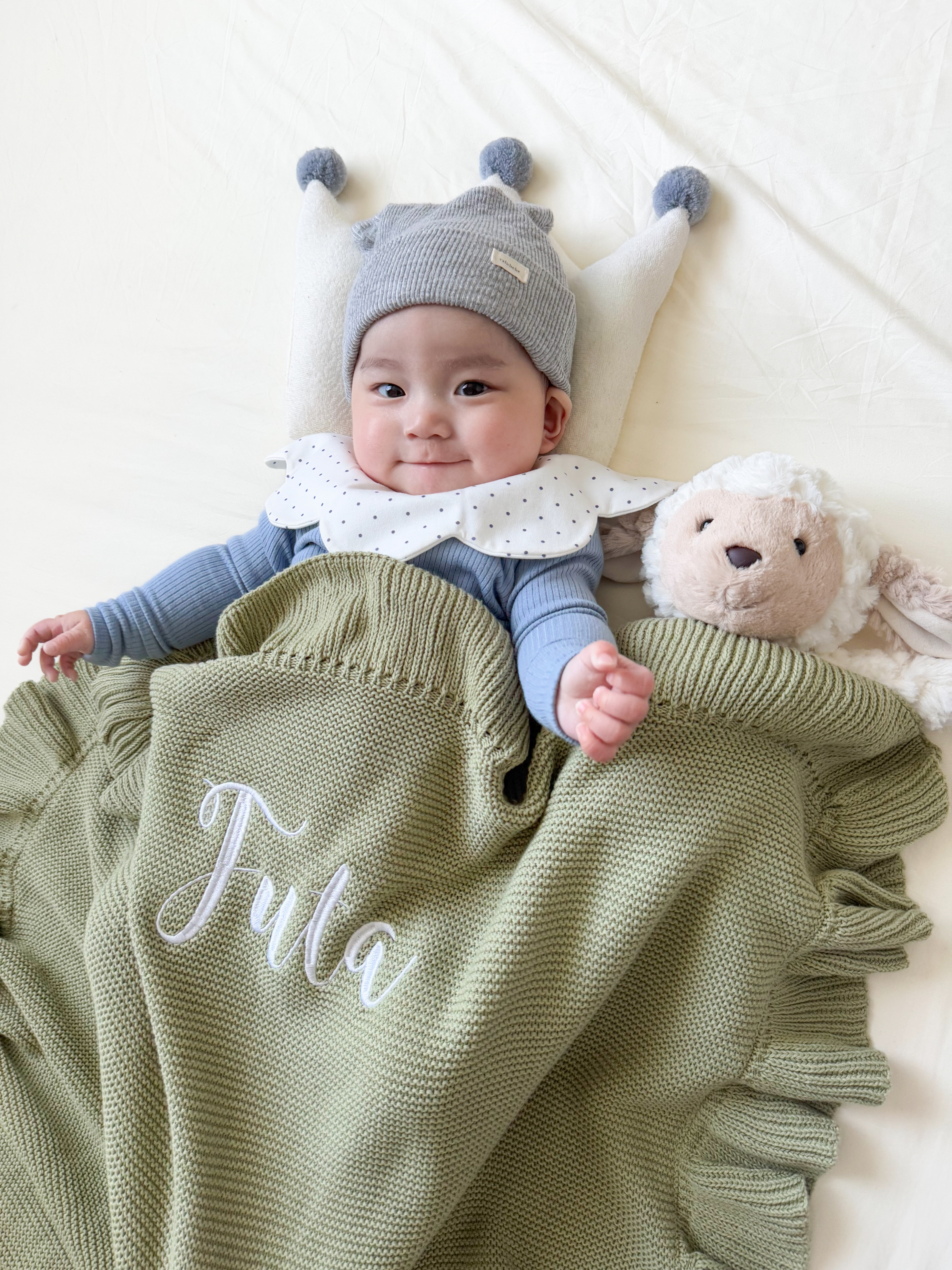 【3営業日発送】フリルグリーンブランケット　出産準備　名入れ　刺繍