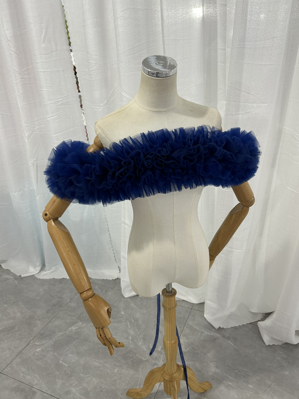 取り外しオフショルダー ネイビー ソフトチュール 編み上げ 花嫁/披露宴