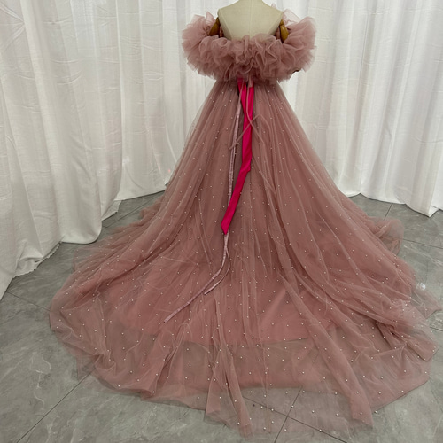 カラードレス ピンク パール チュールドレス サッシュベルト 取り外し  