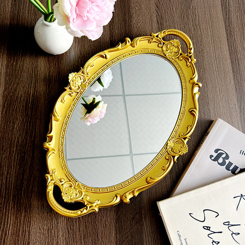 ミラートレイ 楕円形 メタル製ミラー 花模様 ミラートレイ